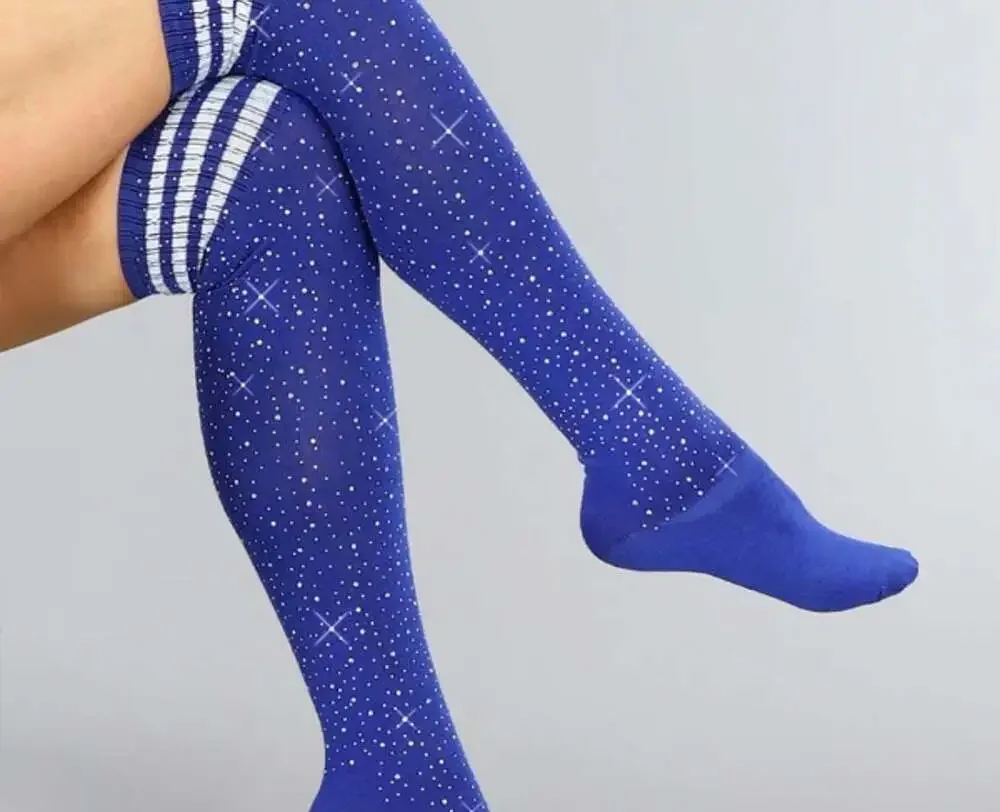 Royal Blue Rhinestone Thigh High Socks Striped Sparkle M/L